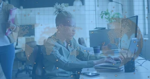 Developer coding IT systems visualizing translucent map pulsing data, answering Stock Footage 318063245