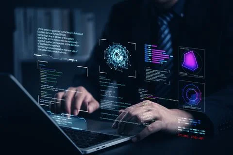 Developer coding on laptop with AI data analysis on virtual screen. Futuris.. Stock-Fotos