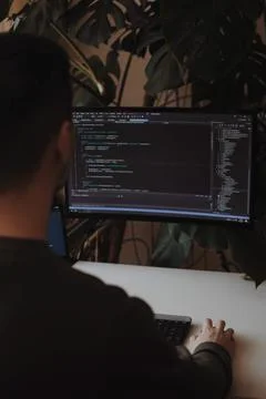 Developer is coding using screen and tablet. Freelancer is working from home Stockfoto's