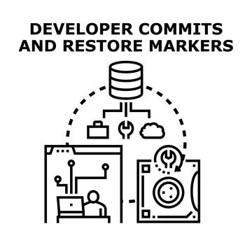 Developer committing code and restoring data markers 스톡 일러스트