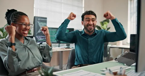 Developer, computer and high five with business people in office for ai software 스톡 동영상 346958462