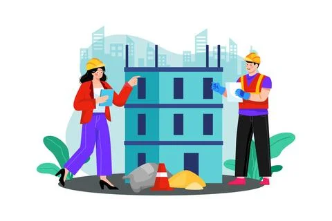 A developer constructs a commercial building in a bustling downtown area. Stock Illustration