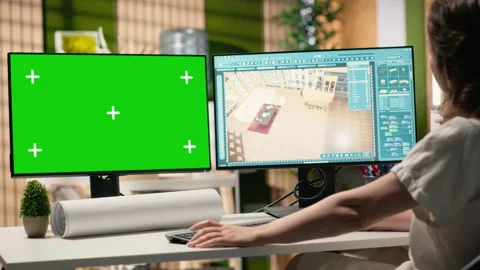 Developer in a corporate workspace analyzing master plans with mockup screen Stock Footage 316646711