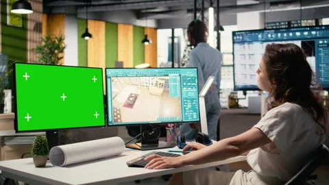 Developer in a corporate workspace analyzing master plans with mockup screen Stock Footage 316652123