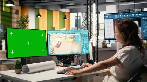Developer in a corporate workspace analyzing master plans with mockup screen Stock Photos