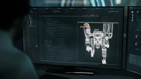 Developer creating a digital security robot using programming software Stock Footage 203749529