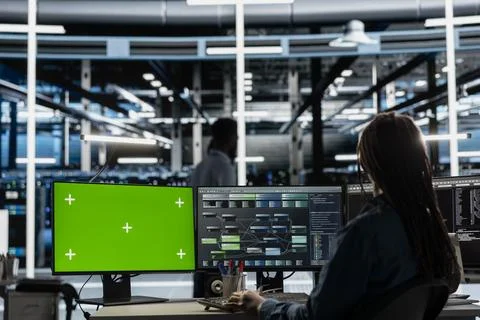 Developer in data center at green screen PC uses AI machine learning workloads Stock Photos