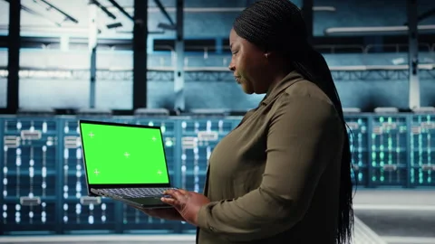 Developer in data center using green screen laptop to upgrade systems Stock Footage 317124150