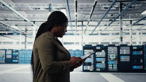 Developer in data center using tablet to increase workload capacity 스톡 사진