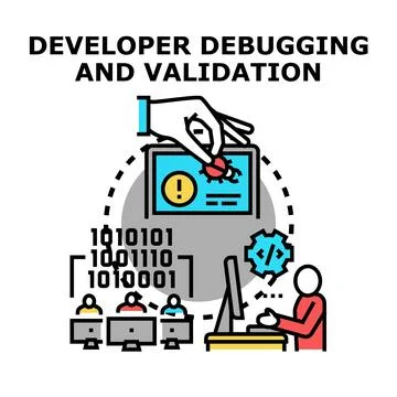 Developer debugging and validating software during development process Stock Illustration