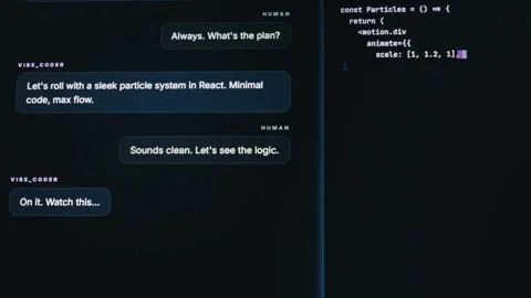 Developer Discussing React Code with Artificial Intelligence Agent Stock Footage 334733242