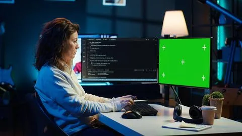 Developer doing software debugging on green screen PC at home 스톡 사진