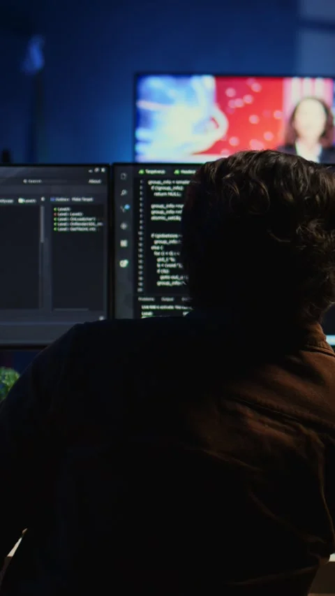 Developer drinking coffee while writing lines of code on computer Stock Footage 264511065