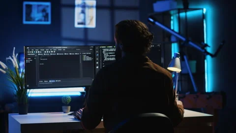 Developer drinking coffee while writing lines of code on computer Stock Footage 265341033