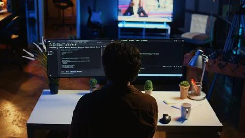Developer drinking coffee while writing lines of code on computer Foto stock
