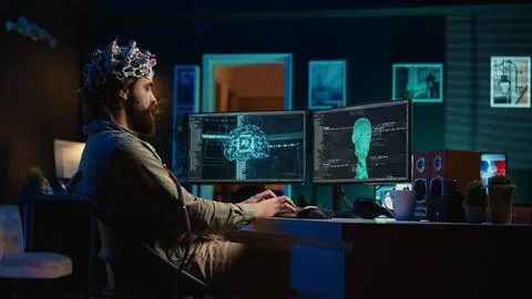 Developer with EEG headset on programming brain transfer into virtual world Stockfoto's