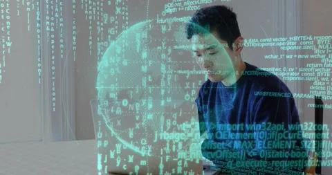 Developer entering office activating holographic globe on laptop while typing Stock Footage 328360847