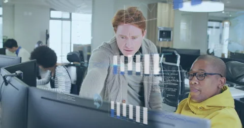 Developer entering office and pointing monitor while charts, code illustrating Stock Footage 315597852