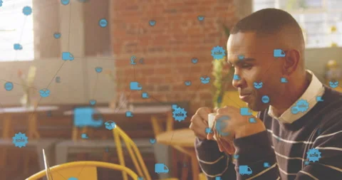 Developer fixing gaze on laptop causing floating data icons flowing and fading Stock Footage 313148968