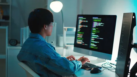 Developer focused on code during programming and debugging process Stock Footage 313813580