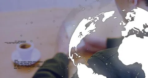 Developer forearms using touchscreen device in workspace with coffee cup, code Stock Photos