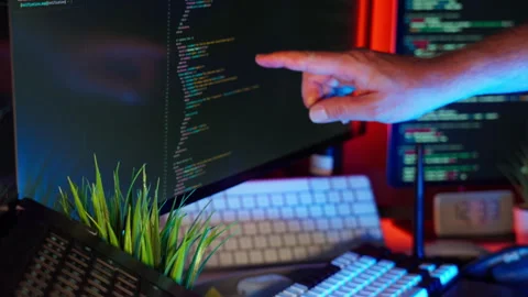 Developer Hand Code Screen Home Office computer Setup Stock Footage 313823067
