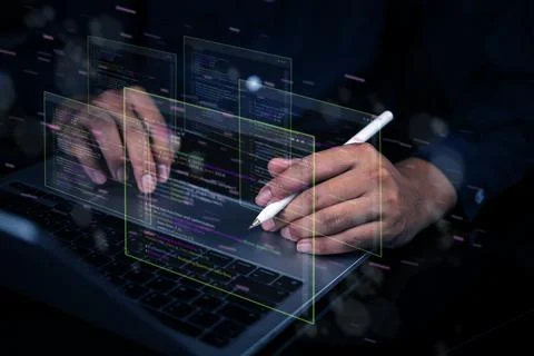 Developer hand programming code. Programmer working laptop coding software... Foto stock