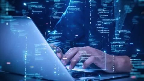 Developer hand typing on laptop with abstract digital code, programming, gl.. Stock Footage 308233302