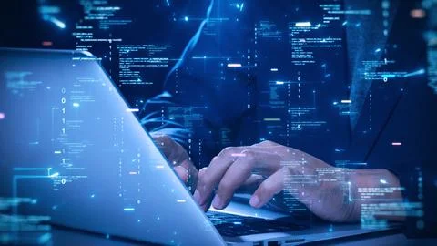 Developer hand typing on laptop with abstract digital code, programming, gl.. 스톡 사진