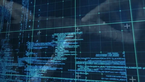 Developer hands entering from right tapping keys on glass panel shifting code Stock Footage 311585292