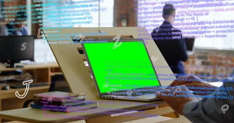 Developer hands typing on laptop, generating scrolling code and letters Stockfoto's