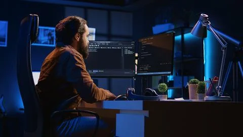 Developer having positive mood after finishing task, throwing fist in air Stock Photos