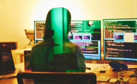 Developer headset, computer screen or neon coding on cybersecurity ransomware Foto stock