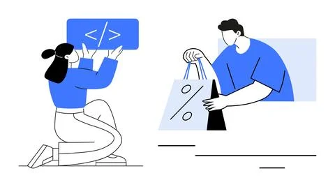 Developer holding code while kneeling and shopper holding shopping bags with  Illustrazione stock