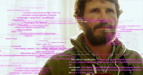 Developer holding patterned mug shifting gaze toward sliding in pink code Stock Footage 311946064