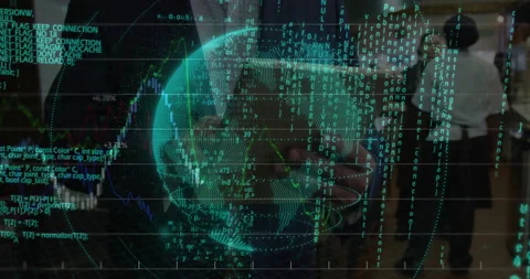 Developer holding smartphone in tech hallway, with green holographic data globe Stock Footage 307436608