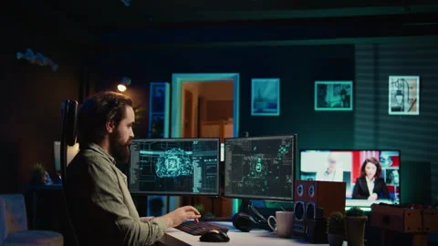 Developer inserting disk into PC containing conscient AI waving hand Stock Footage 266952363