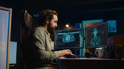 Developer inserting disk into PC containing conscient AI waving hand Stock Photos