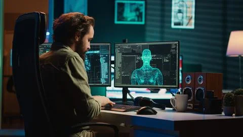 Developer inserting disk into PC containing conscient AI waving hand 스톡 사진