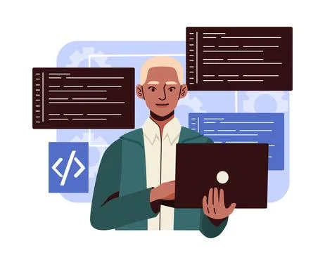 Developer with laptop and code blocks. Vector illustration Stock Illustration