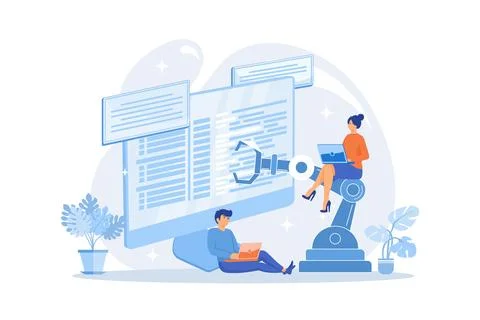 Developer at laptop and computer with open robotic soft. Open automation ar.. Illustrazione stock