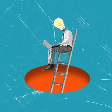 A developer with a laptop sits on a ladder. A new idea. A business concept. Stock Illustration
