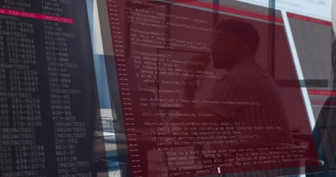 Developer launching laptop debugging code while 3D model and terminal overlay Stock Footage 315478571