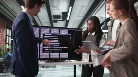 Developer Leading Meeting With Programmer Colleagues Showing Code Video stock 312463276