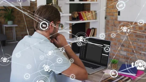 Developer leaning on hands and activating growing HUD network, visualizing data Stock Footage 330160268