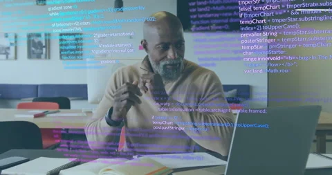 Developer leaning typing code on laptop studying floating code overlays and Vídeos de archivo 310780408