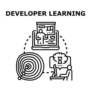 Developer learning programming skills and achieving goals Stock Illustration