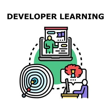 Developer learning programming skills and achieving goals Stock Illustration