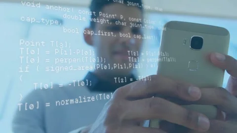 Developer lifting gold smartphone to face and scrolling code, reviewing code 库存影片 330379721