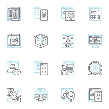 Developer linear icons set. Code, Debug, Build, Design, Innovate, Program Stock Illustration